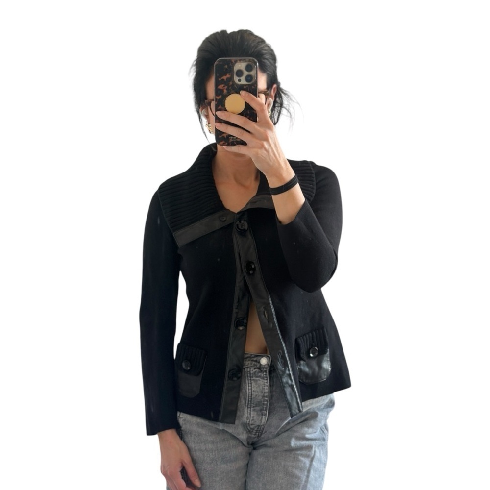 Classiques Entier Merino Wool Leather Trim Knit Cardigan Black Women’s Small
